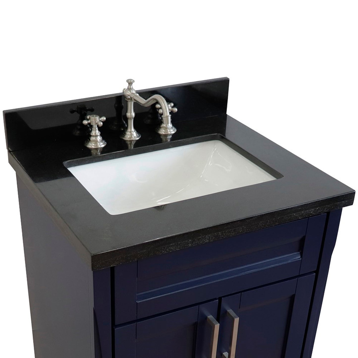 25" Single sink vanity in Blue finish with Black galaxy granite and rectangle sink