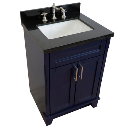 25" Single sink vanity in Blue finish with Black galaxy granite and rectangle sink
