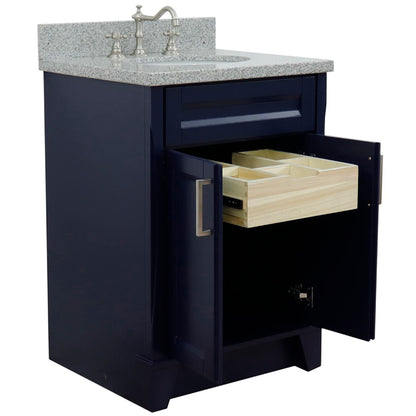 25" Single sink vanity in Blue finish with Gray granite and oval sink