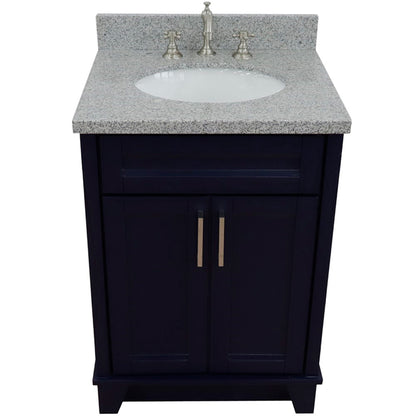 25" Single sink vanity in Blue finish with Gray granite and oval sink