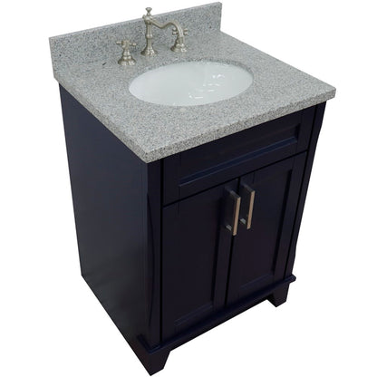 25" Single sink vanity in Blue finish with Gray granite and oval sink