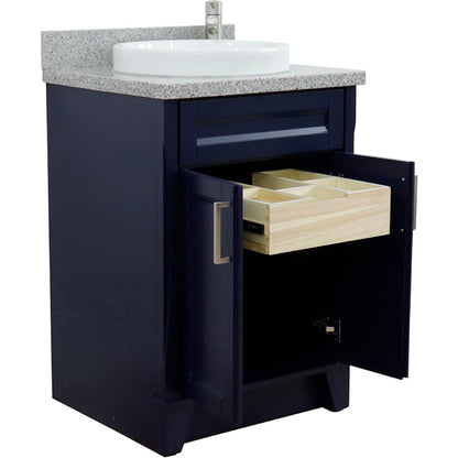 25" Single sink vanity in Blue finish with Gray granite and round sink