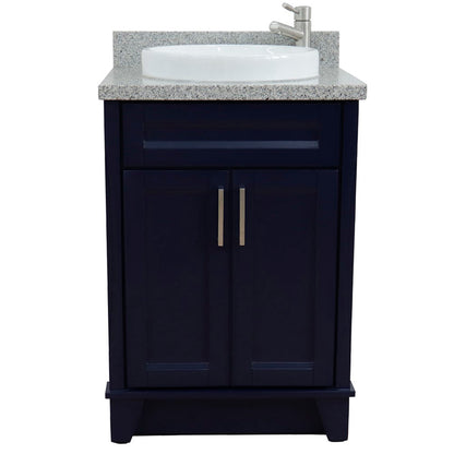 25" Single sink vanity in Blue finish with Gray granite and round sink