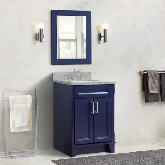 25" Single sink vanity in Blue finish with Gray granite and rectangle sink