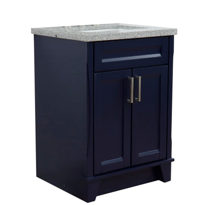 25" Single sink vanity in Blue finish with Gray granite and rectangle sink