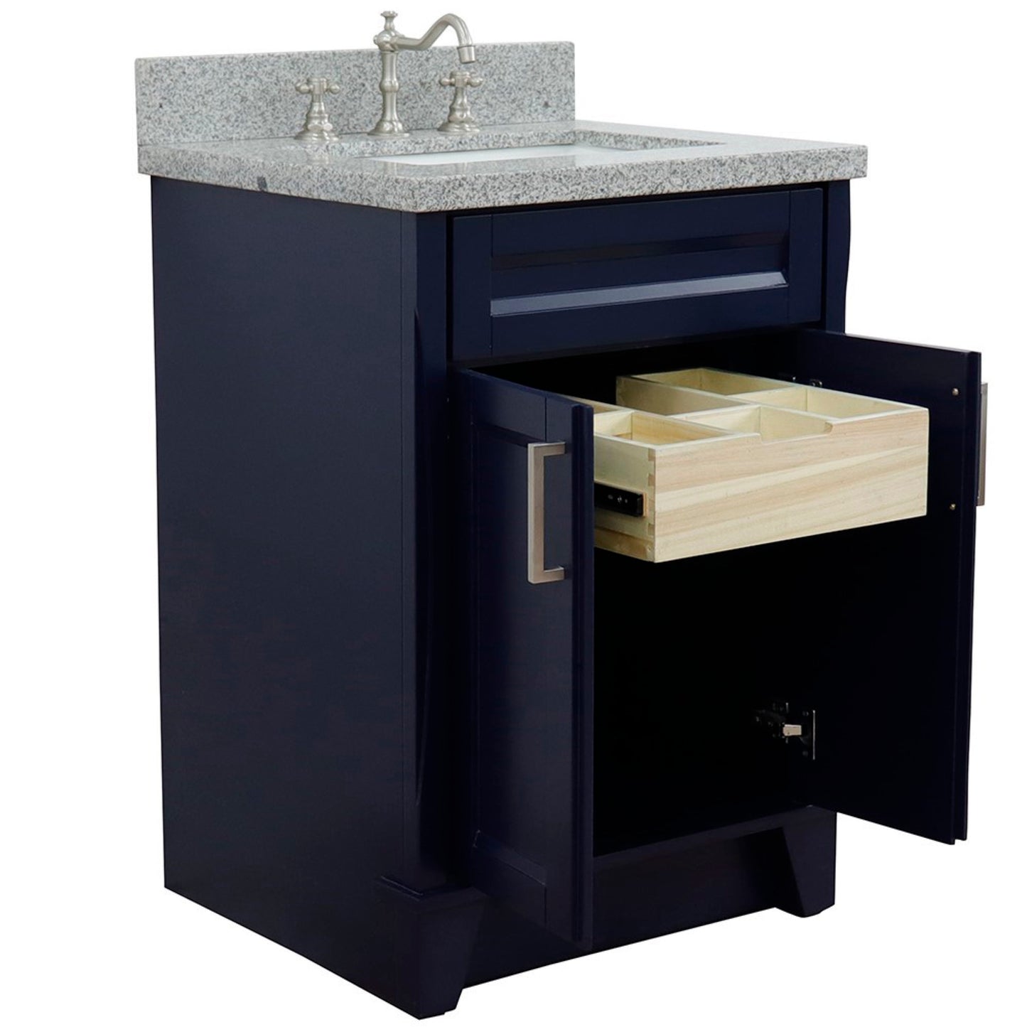 25" Single sink vanity in Blue finish with Gray granite and rectangle sink