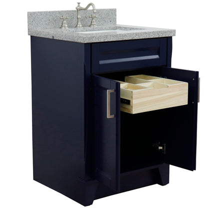 25" Single sink vanity in Blue finish with Gray granite and rectangle sink