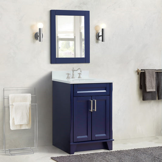 25" Single sink vanity in Blue finish with White engineered stone and oval sink