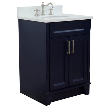 25" Single sink vanity in Blue finish with White engineered stone and oval sink