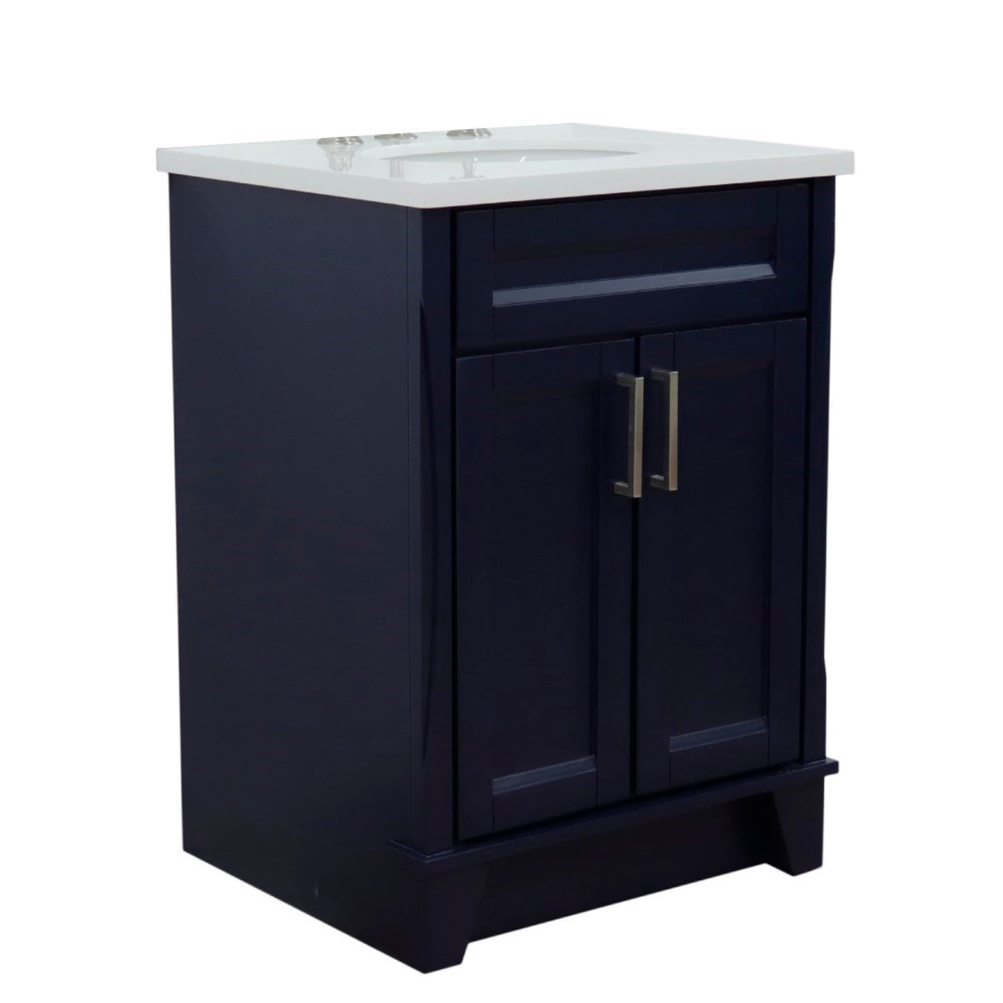 25" Single sink vanity in Blue finish with White engineered stone and oval sink
