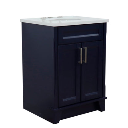 25" Single sink vanity in Blue finish with White engineered stone and oval sink