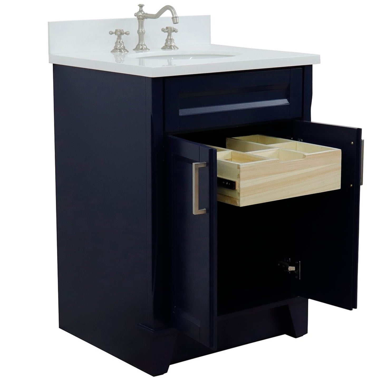25" Single sink vanity in Blue finish with White engineered stone and oval sink
