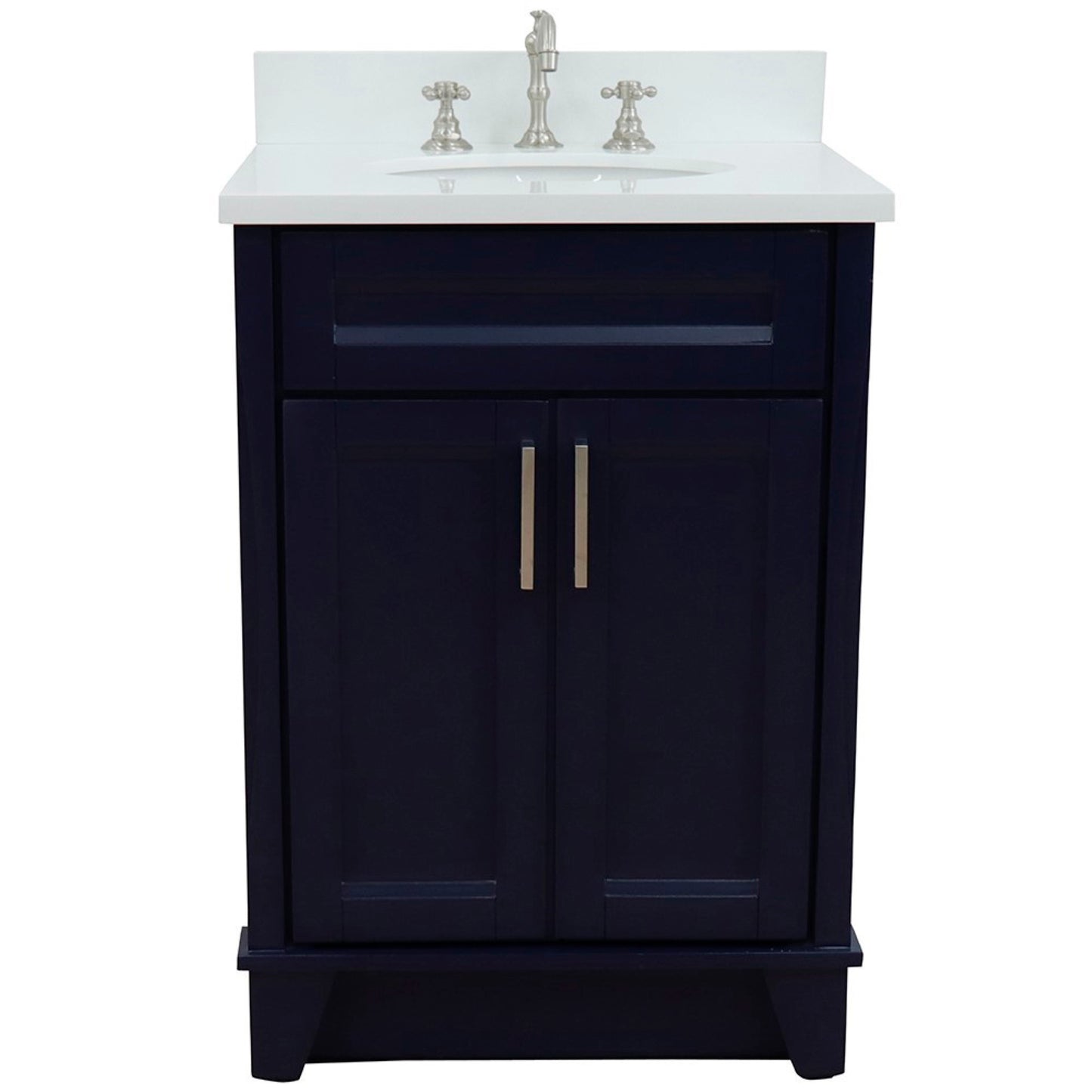 25" Single sink vanity in Blue finish with White engineered stone and oval sink