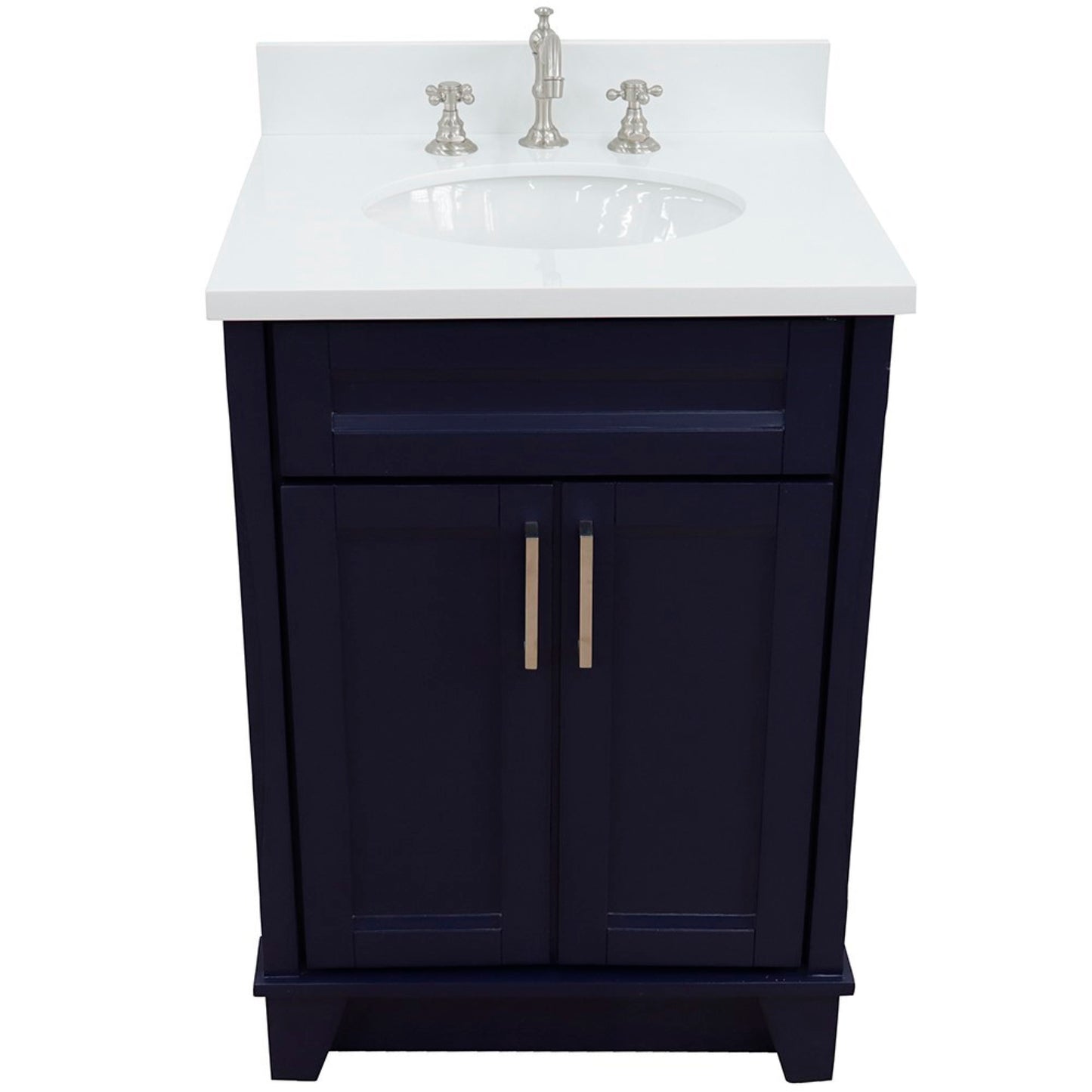 25" Single sink vanity in Blue finish with White engineered stone and oval sink