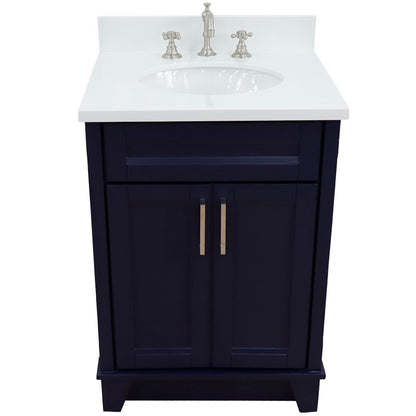 25" Single sink vanity in Blue finish with White engineered stone and oval sink