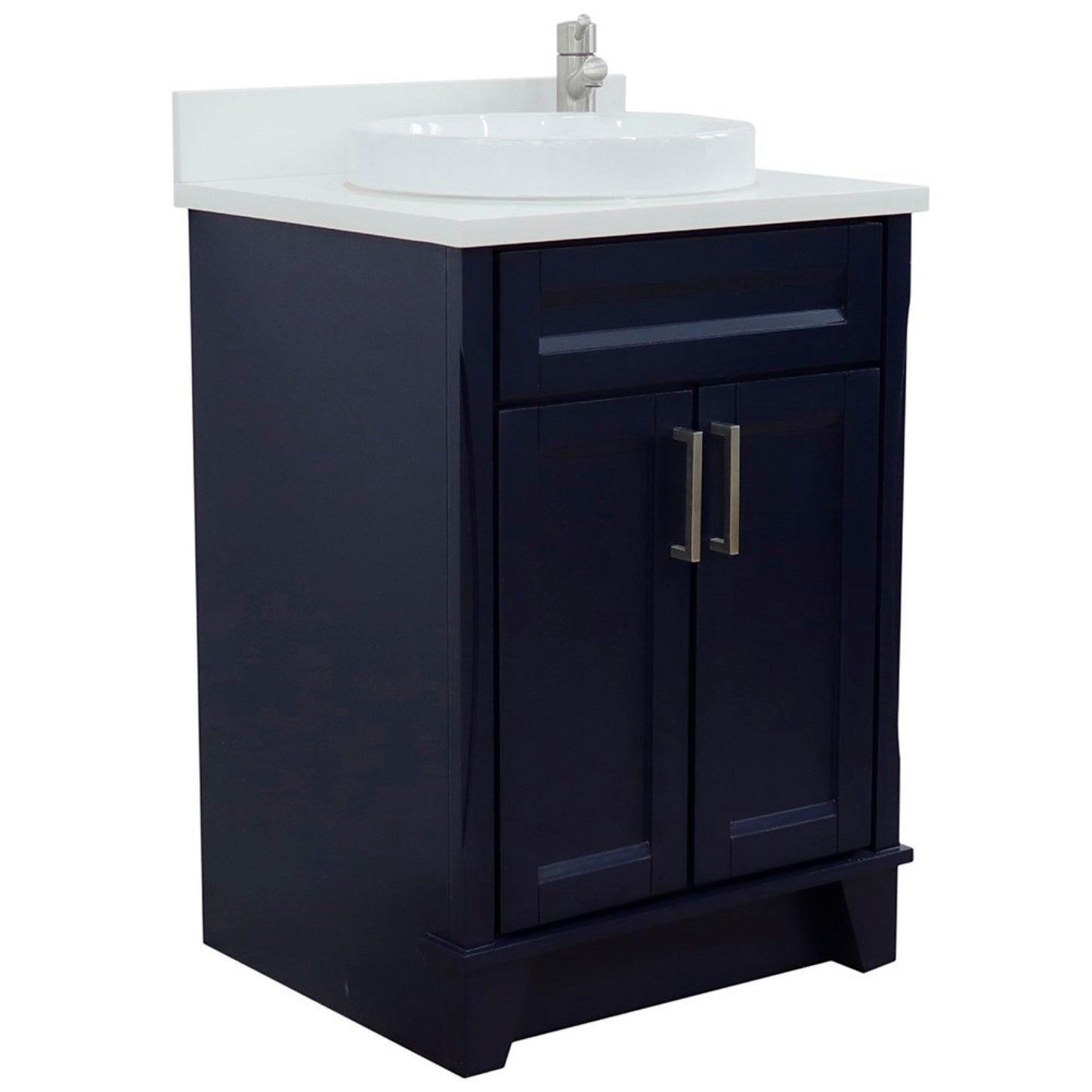 25" Single sink vanity in Blue finish with White engineered stone and round sink