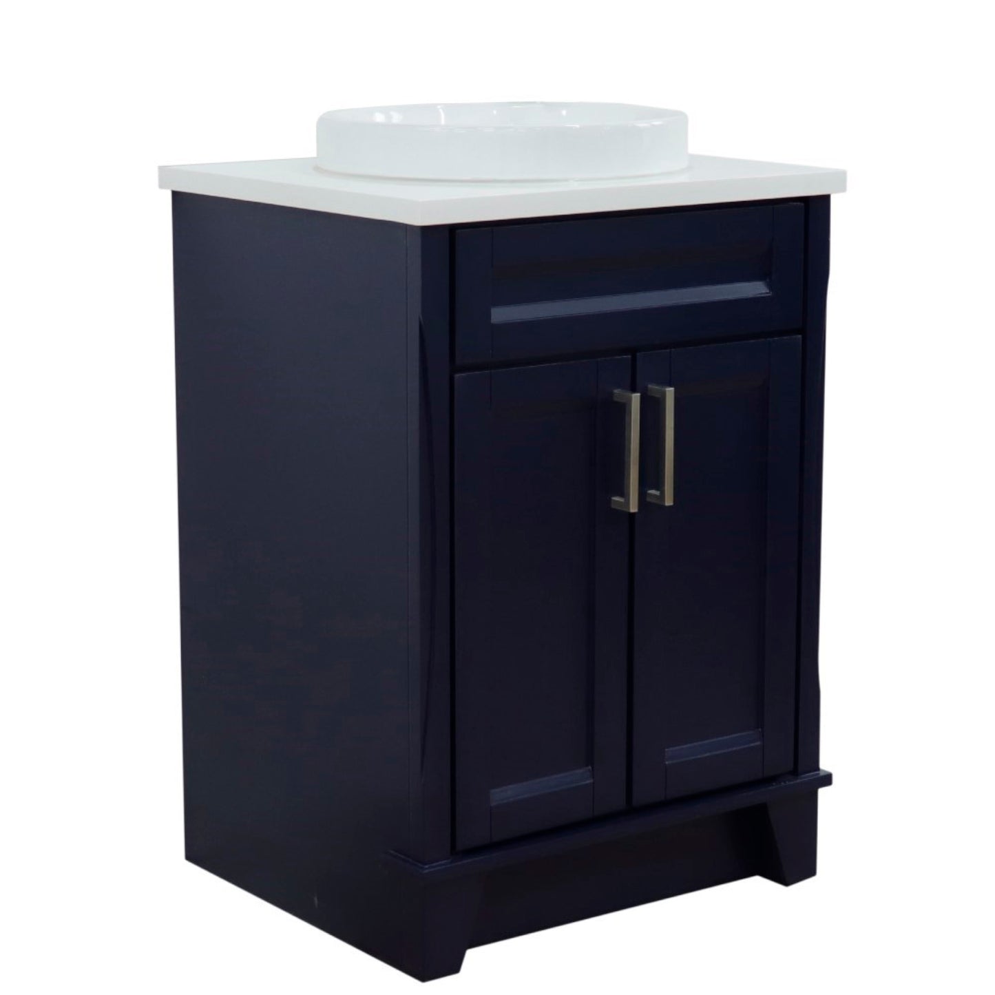 25" Single sink vanity in Blue finish with White engineered stone and round sink