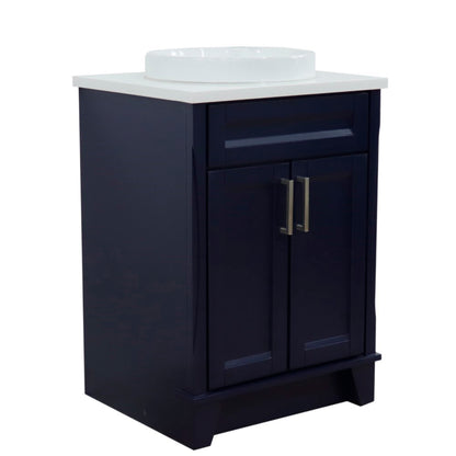 25" Single sink vanity in Blue finish with White engineered stone and round sink