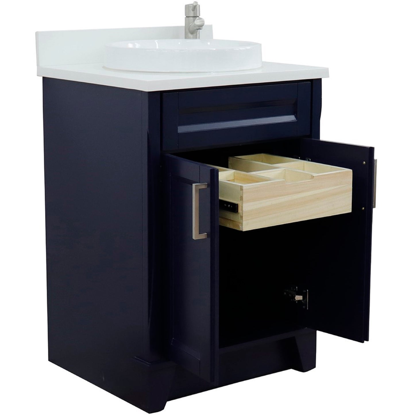 25" Single sink vanity in Blue finish with White engineered stone and round sink