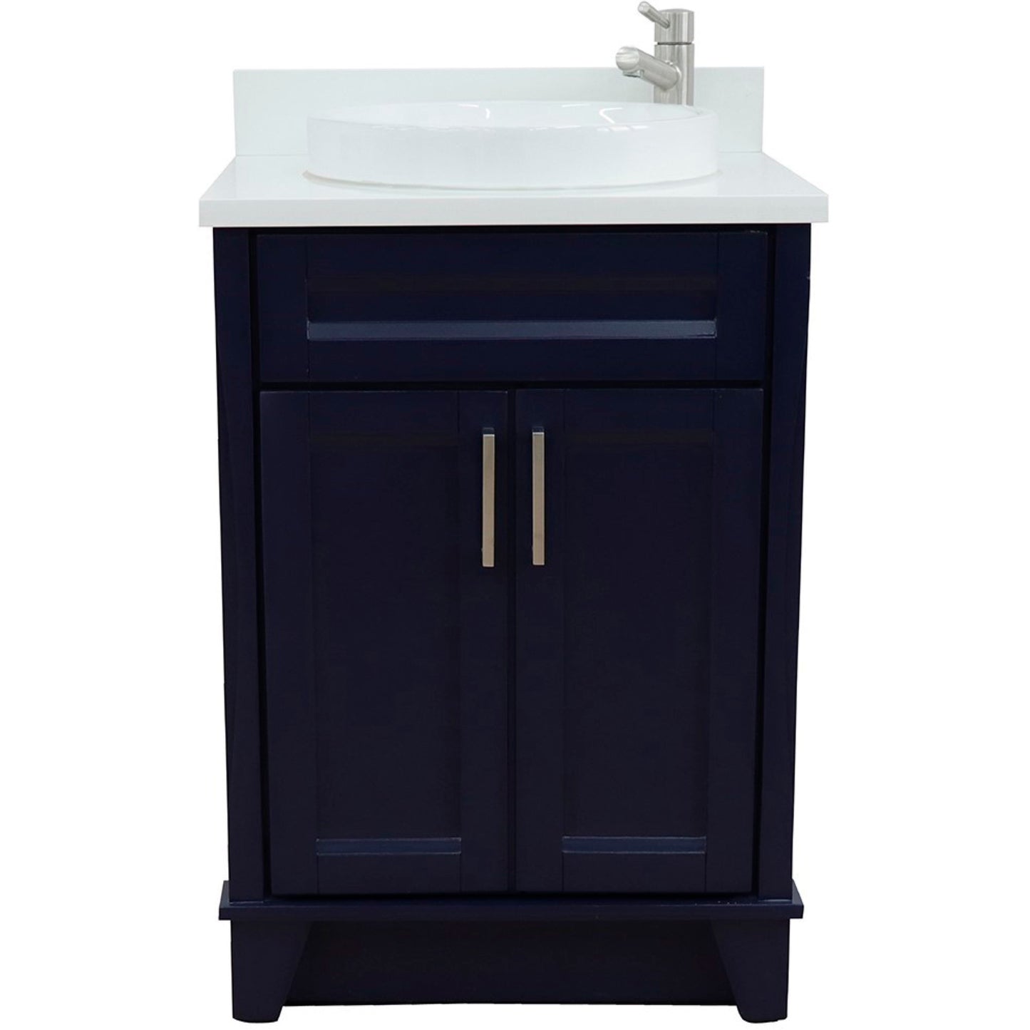 25" Single sink vanity in Blue finish with White engineered stone and round sink