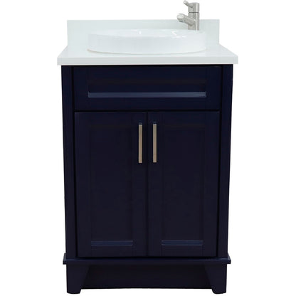 25" Single sink vanity in Blue finish with White engineered stone and round sink