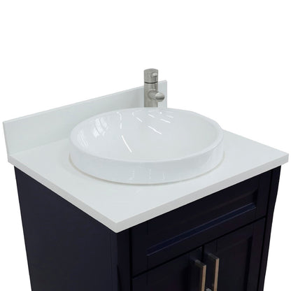 25" Single sink vanity in Blue finish with White engineered stone and round sink