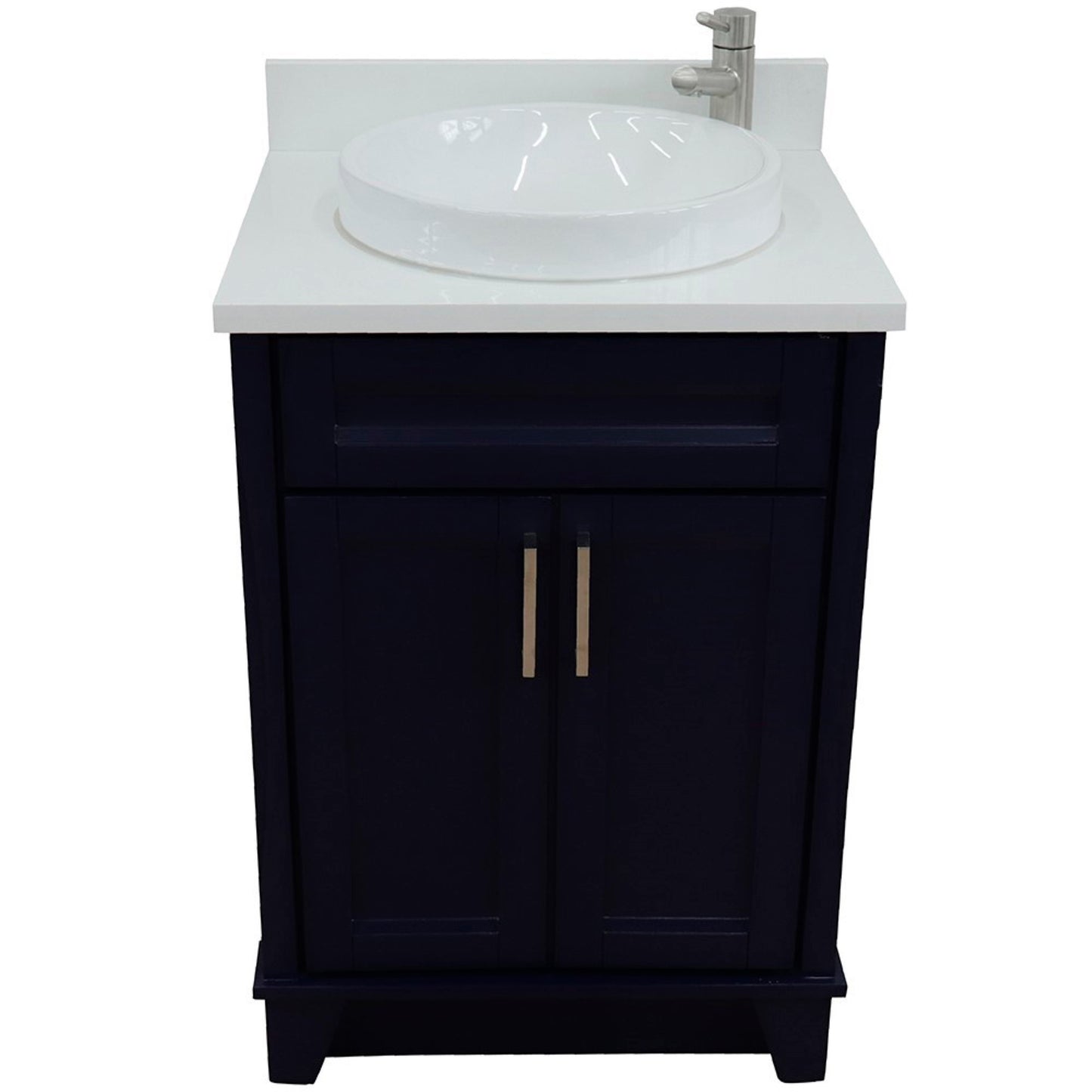 25" Single sink vanity in Blue finish with White engineered stone and round sink