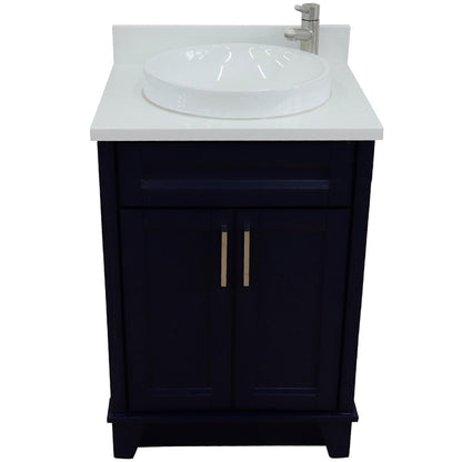 25" Single sink vanity in Blue finish with White engineered stone and round sink