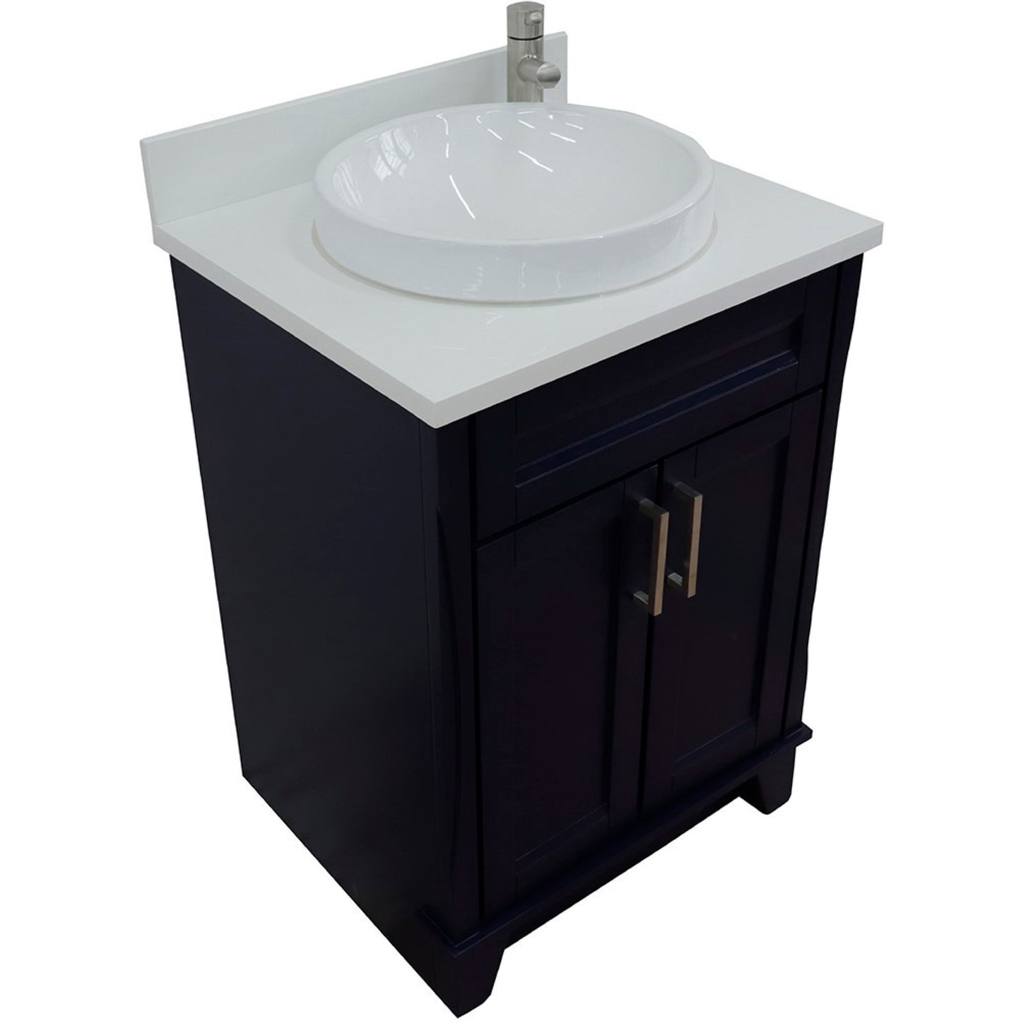25" Single sink vanity in Blue finish with White engineered stone and round sink