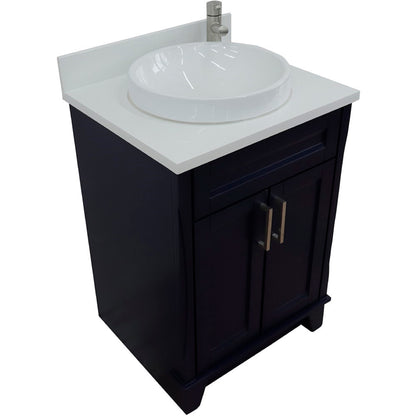 25" Single sink vanity in Blue finish with White engineered stone and round sink