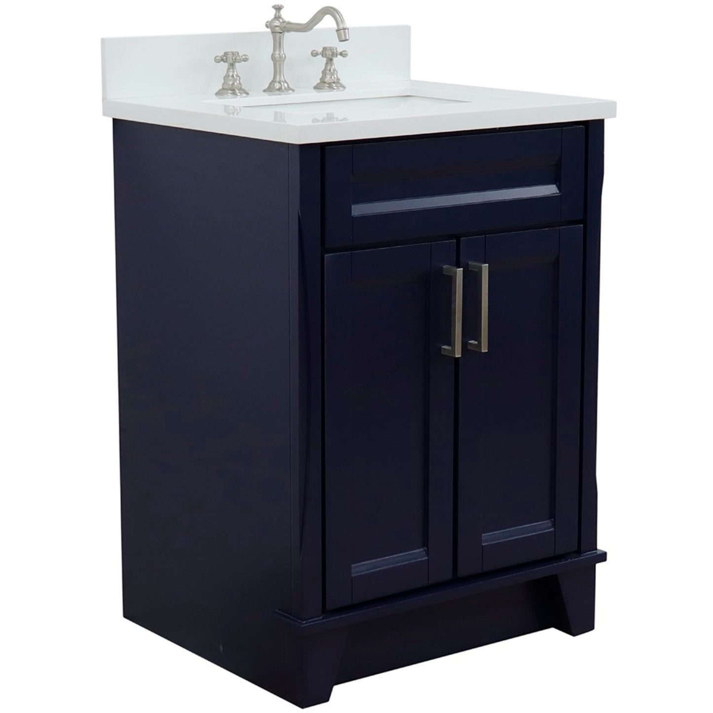 25" Single sink vanity in Blue finish with White engineered stone and rectangle sink