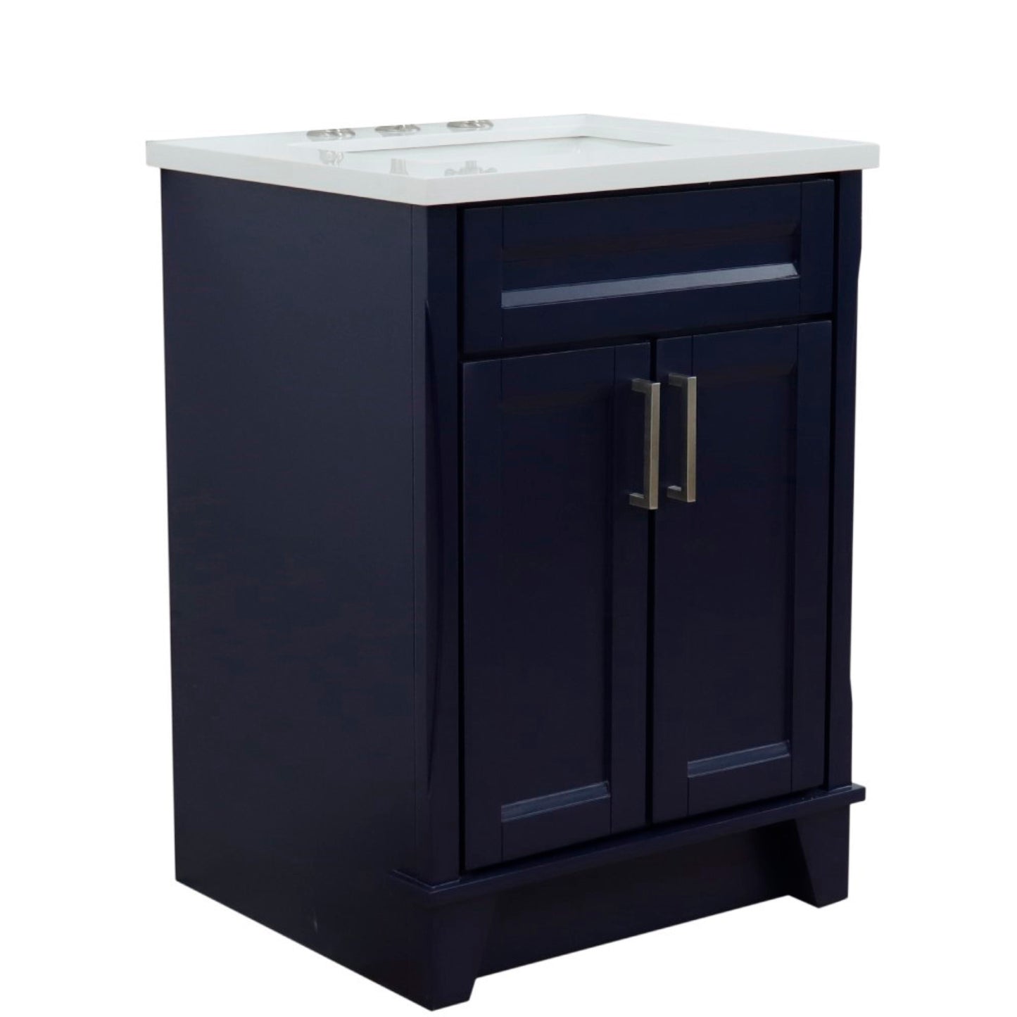 25" Single sink vanity in Blue finish with White engineered stone and rectangle sink