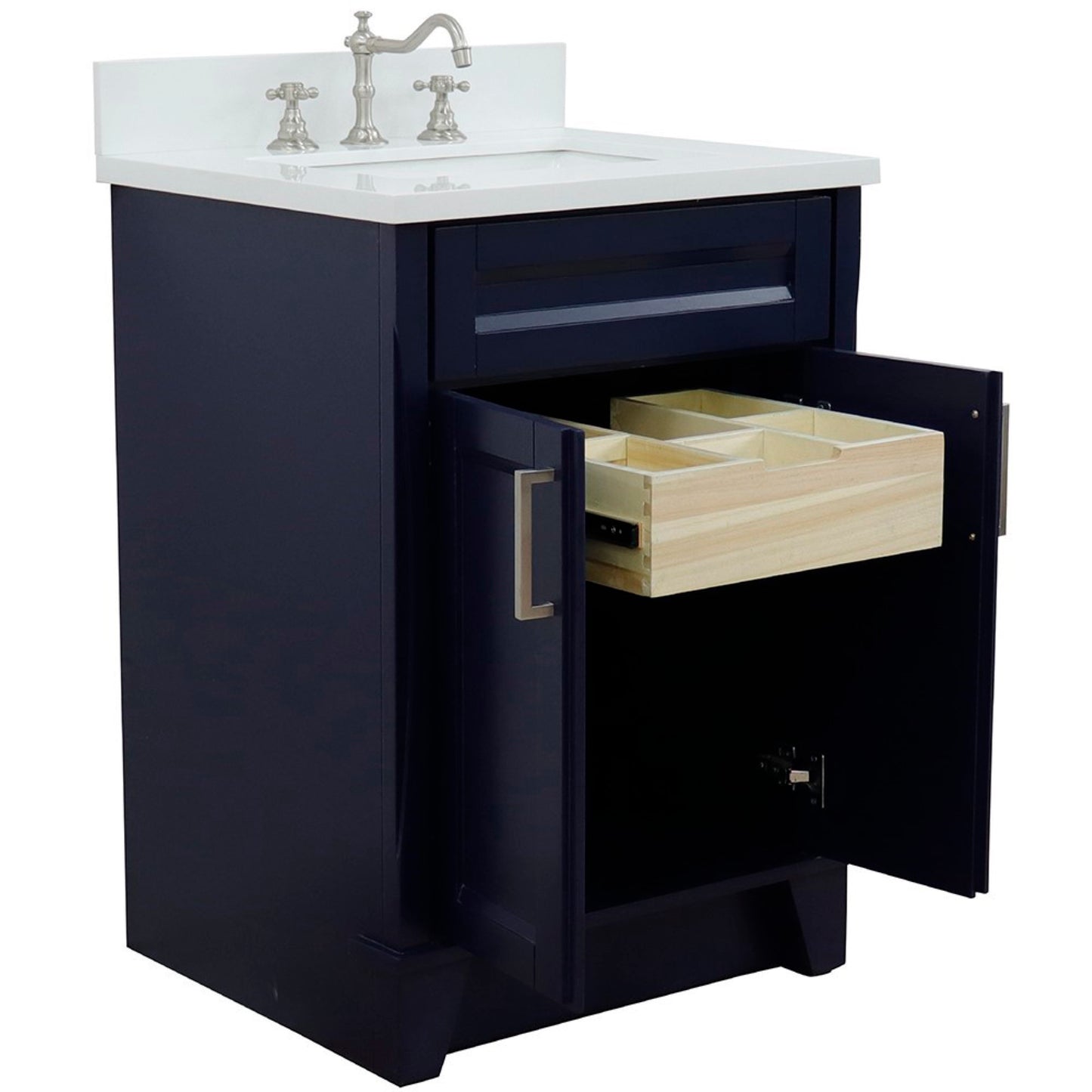25" Single sink vanity in Blue finish with White engineered stone and rectangle sink