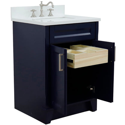 25" Single sink vanity in Blue finish with White engineered stone and rectangle sink