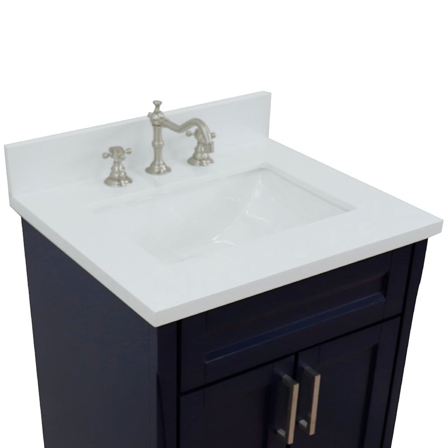 25" Single sink vanity in Blue finish with White engineered stone and rectangle sink