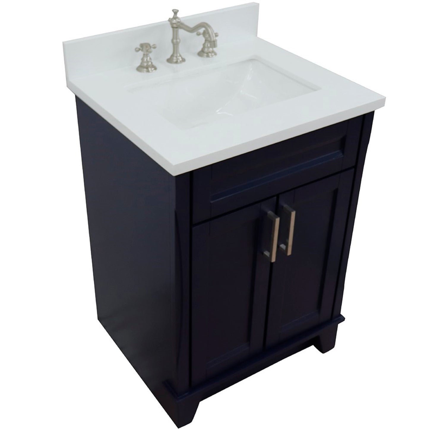 25" Single sink vanity in Blue finish with White engineered stone and rectangle sink
