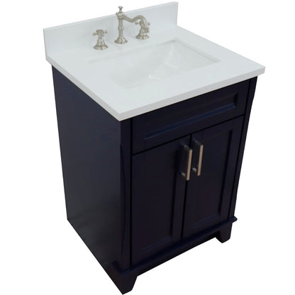 25" Single sink vanity in Blue finish with White engineered stone and rectangle sink