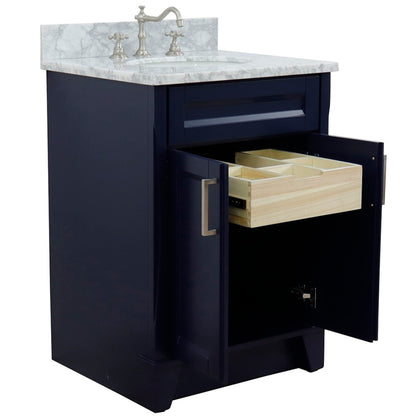 25" Single sink vanity in Blue finish with White Carrara marble and oval sink