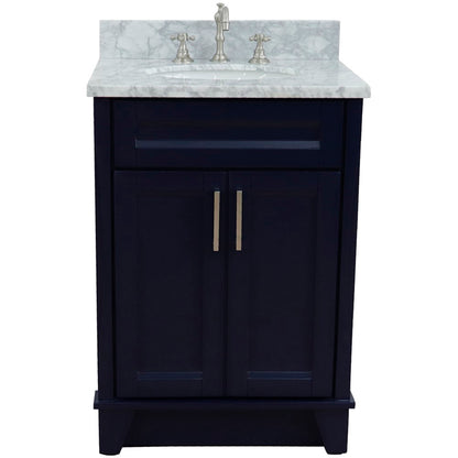 25" Single sink vanity in Blue finish with White Carrara marble and oval sink