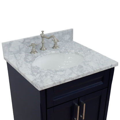 25" Single sink vanity in Blue finish with White Carrara marble and oval sink