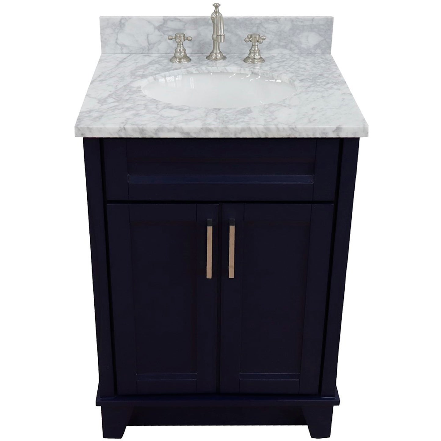 25" Single sink vanity in Blue finish with White Carrara marble and oval sink
