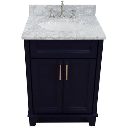 25" Single sink vanity in Blue finish with White Carrara marble and oval sink