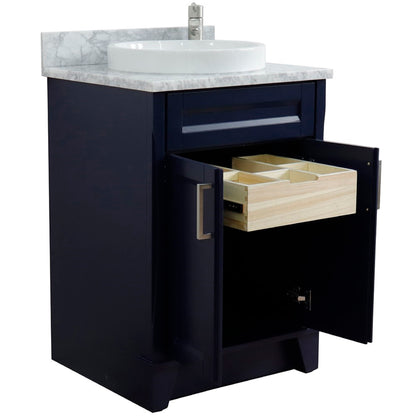 25" Single sink vanity in Blue finish with White Carrara marble and round sink