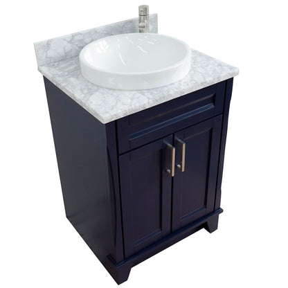 25" Single sink vanity in Blue finish with White Carrara marble and round sink
