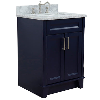 25" Single sink vanity in Blue finish with White Carrara marble and rectangle sink