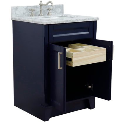 25" Single sink vanity in Blue finish with White Carrara marble and rectangle sink