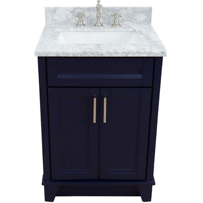 25" Single sink vanity in Blue finish with White Carrara marble and rectangle sink