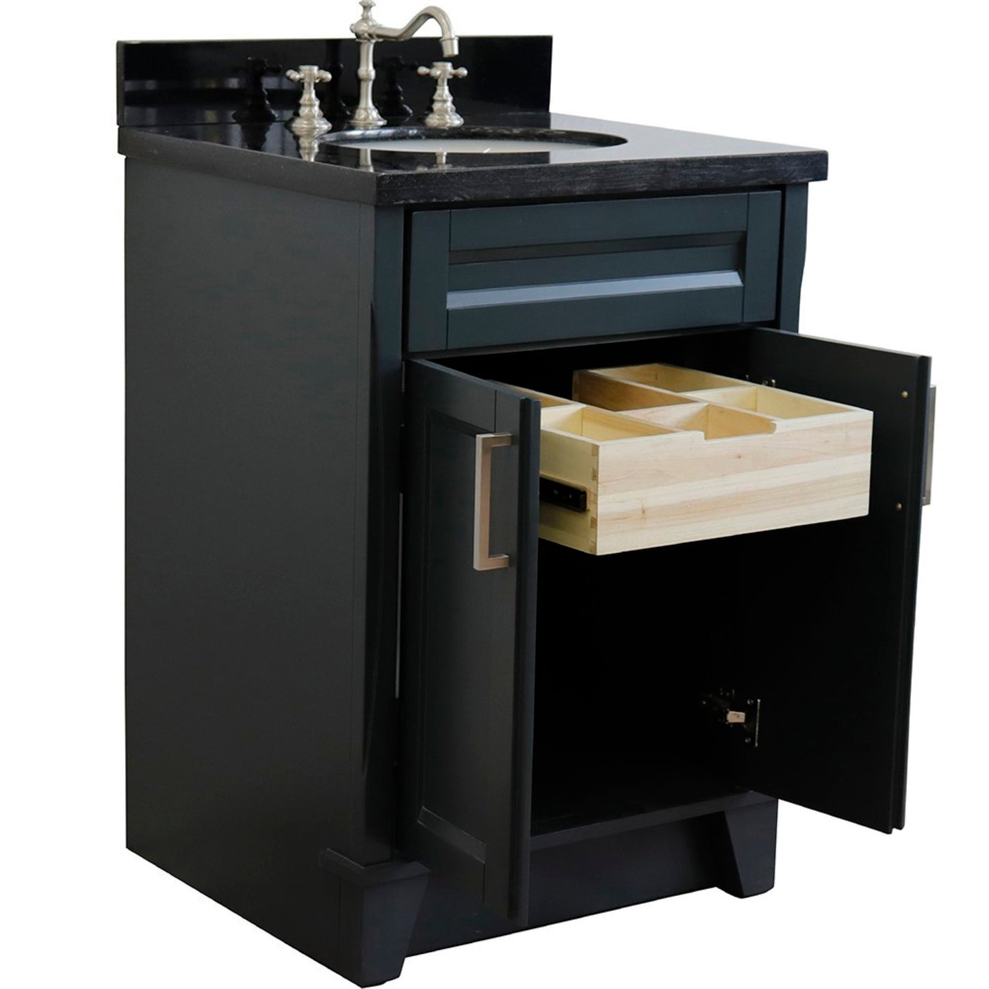 25" Single sink vanity in Dark Gray finish with Black galaxy granite and oval sink