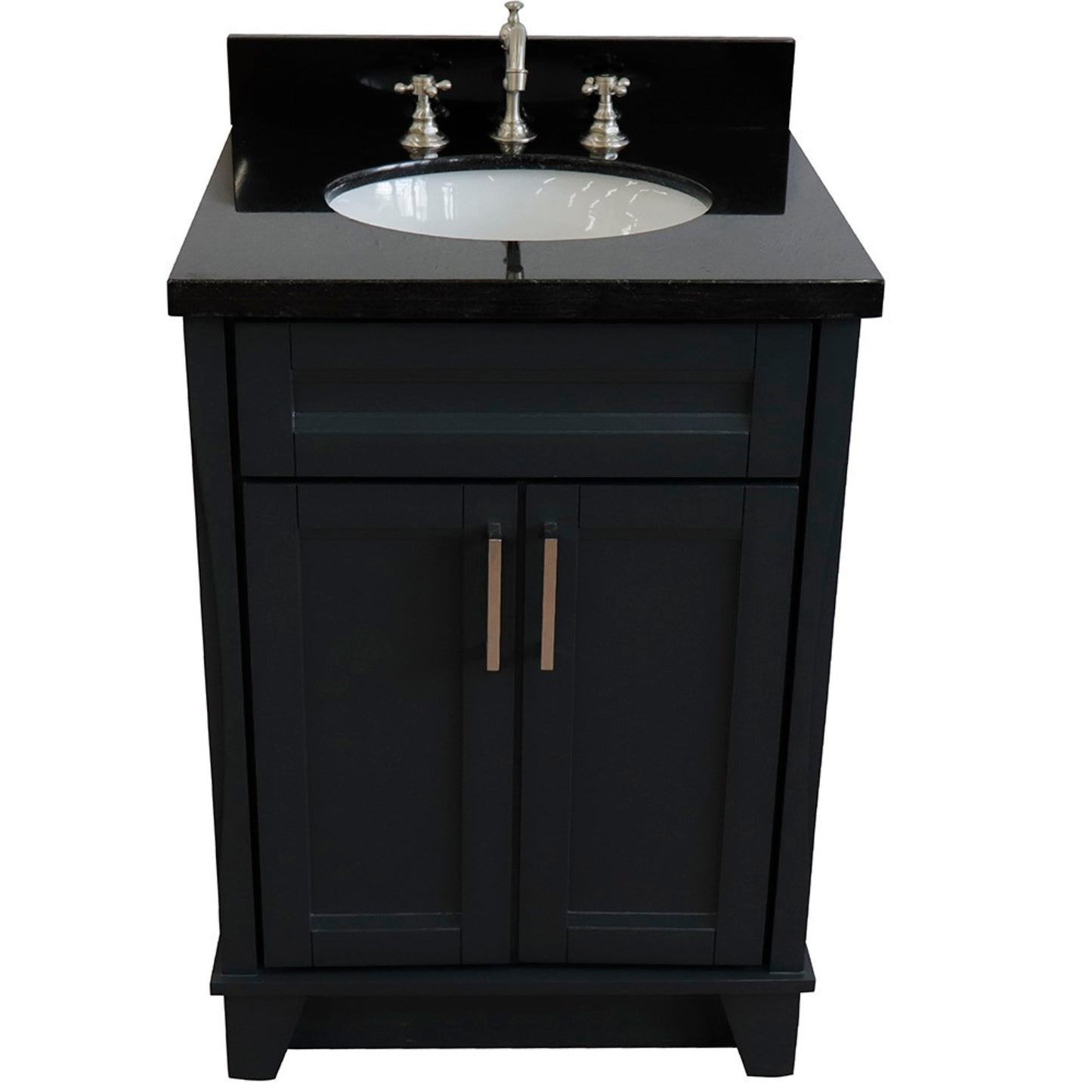 25" Single sink vanity in Dark Gray finish with Black galaxy granite and oval sink