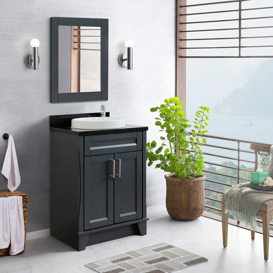 25" Single sink vanity in Dark Gray finish with Black galaxy granite and round sink